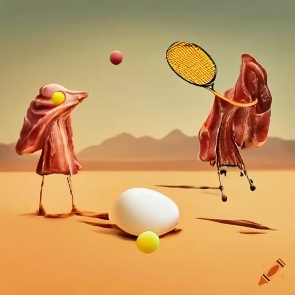 Surrealistic depiction of bacon and eggs playing tennis on Craiyon