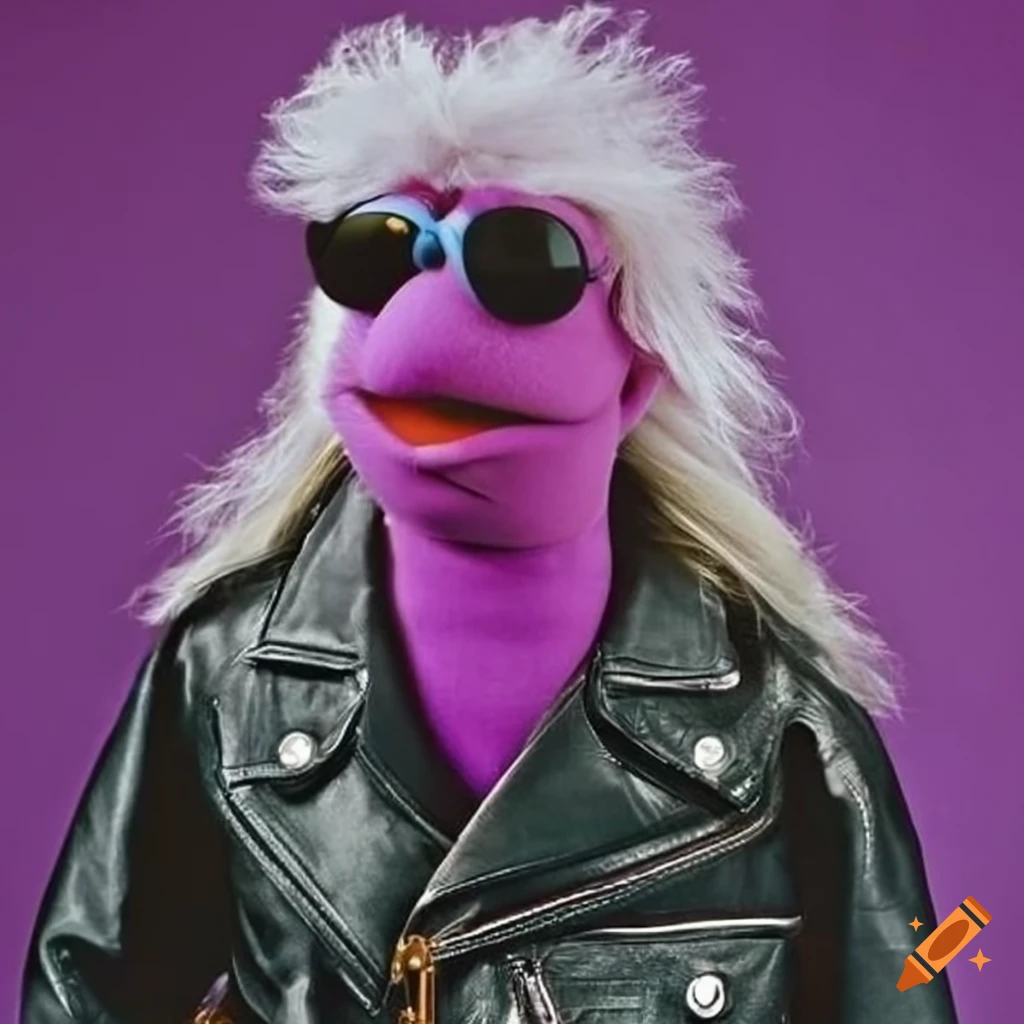 Muppet character with sunglasses, leather jacket, and mullet