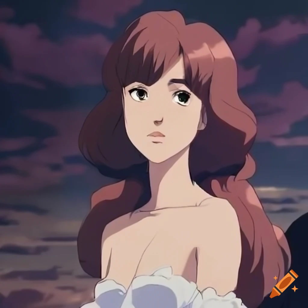 animation cell of a melancholic princess on cliffs