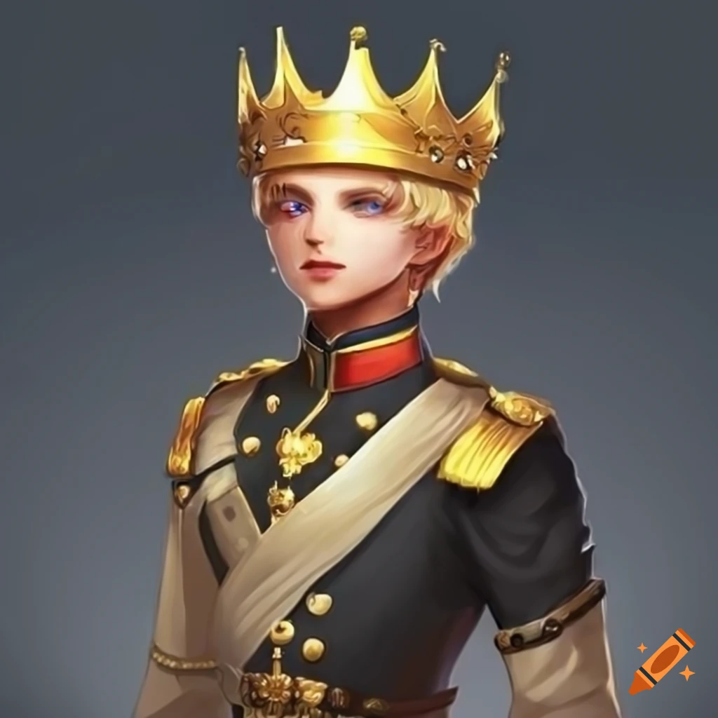Young king with purple eyes and golden crown in military uniform on Craiyon