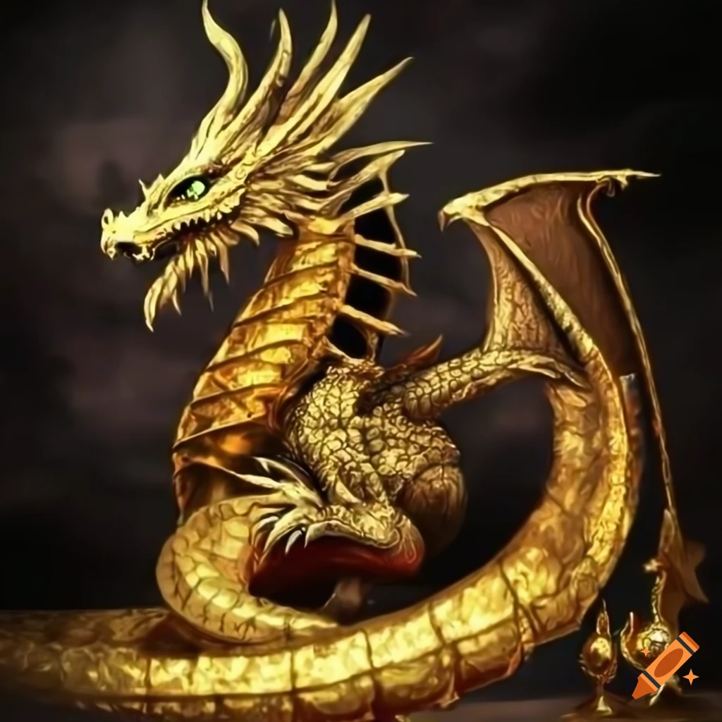 Gold-scaled dragon in a dark background on Craiyon
