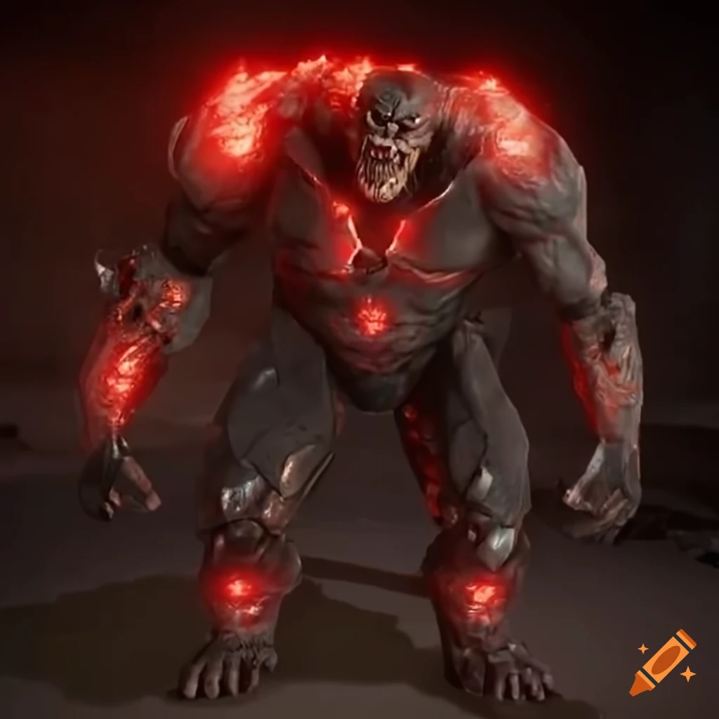 Sci-fi golem cyborg elf-ogre with glowing red crystals