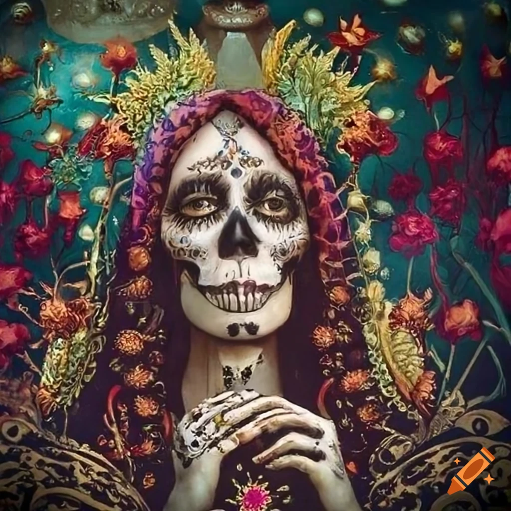Julie Heffernan Santa Muerte tarot card with flower decorative border