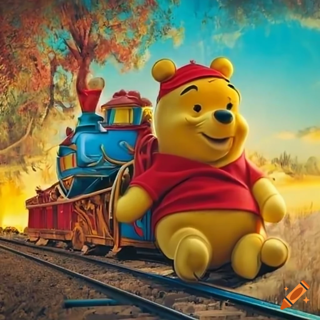 Winnie the Pooh riding a colorful train in San Jose