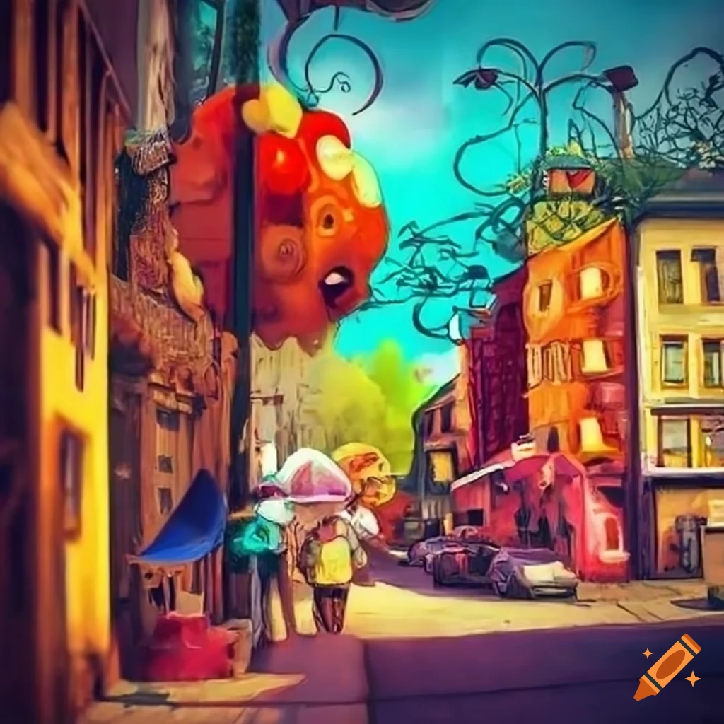 whimsical street scene from a hippie realm