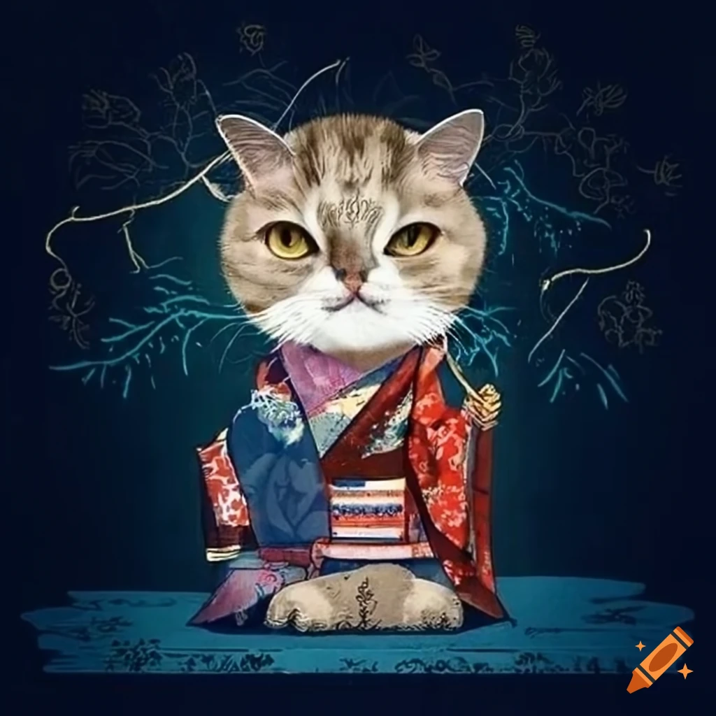 Cat wearing kimono with flower patterns on Craiyon