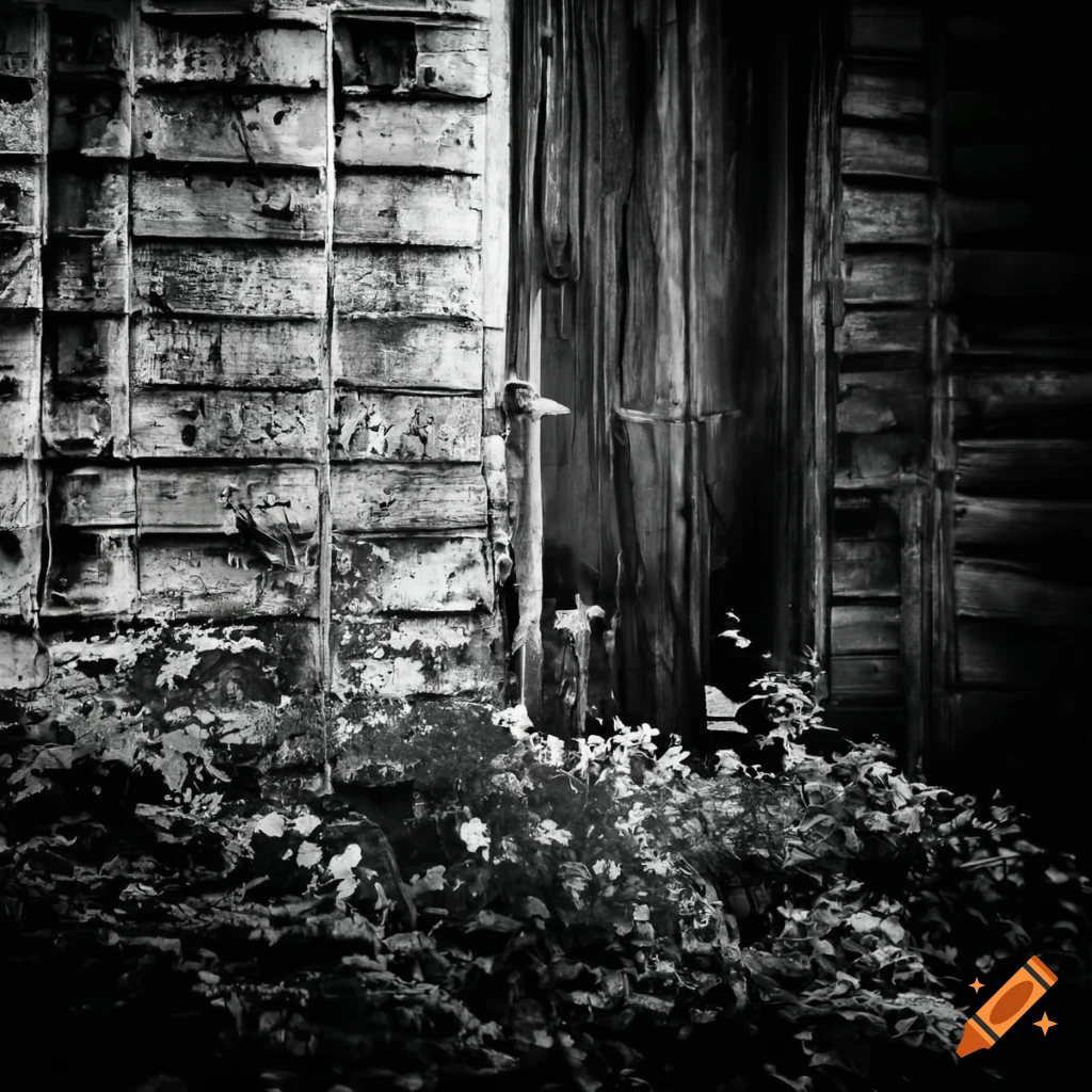 monochrome photograph of an old dirty hothouse in a garden