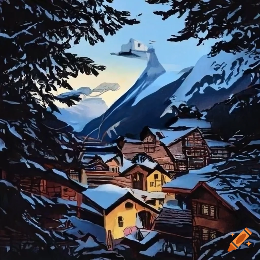 graphic novel-inspired illustration of a Swiss mountain village with a villainess