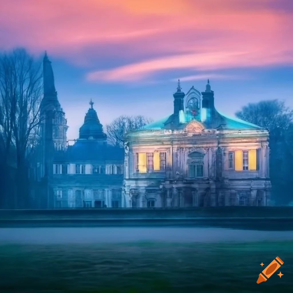 Neoclassical landscape painting with a small house and lovely sky on