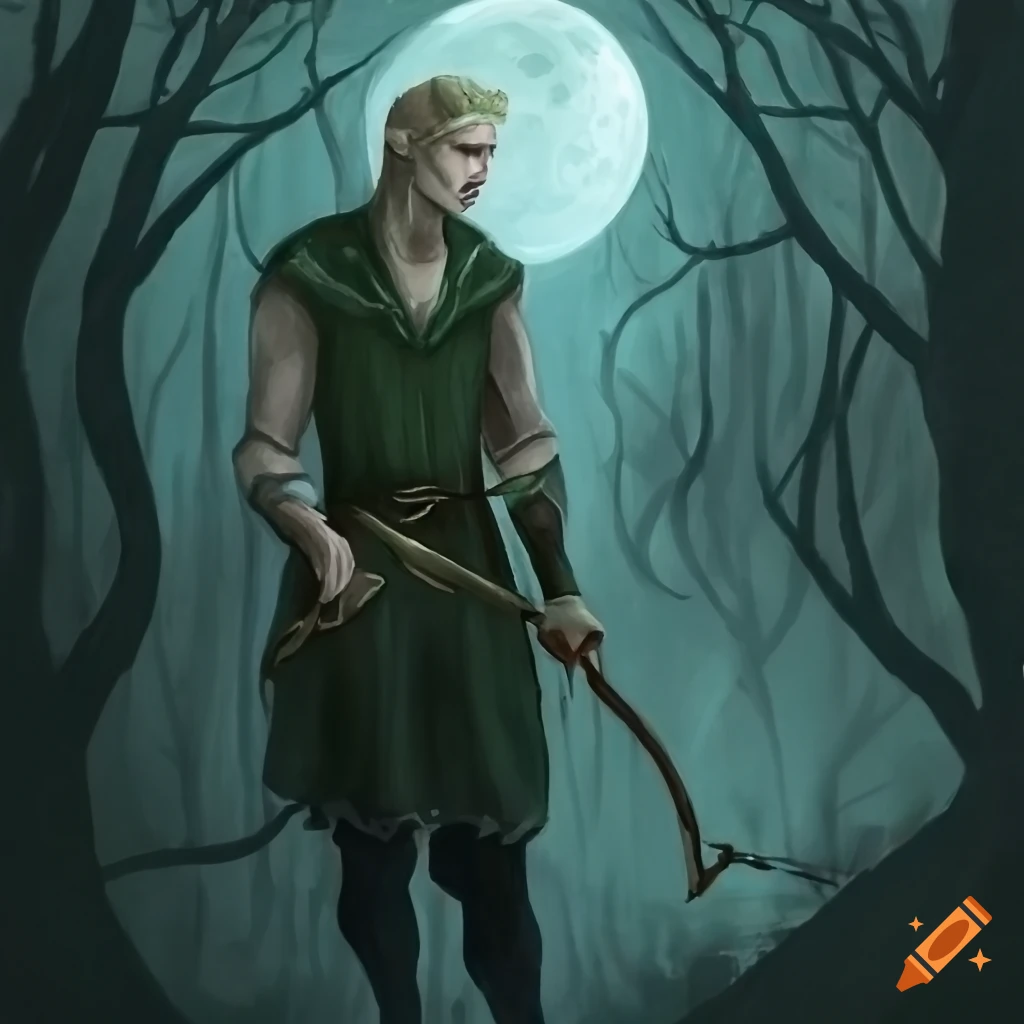 Male elf with a bow in a dark forest on Craiyon
