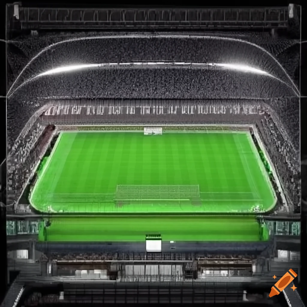 Architectural design of a green football stadium surrounded by highways