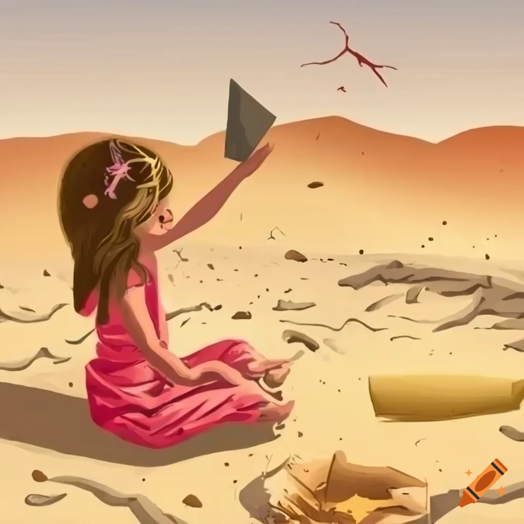illustration of a young girl in a desert holding a shard of glass