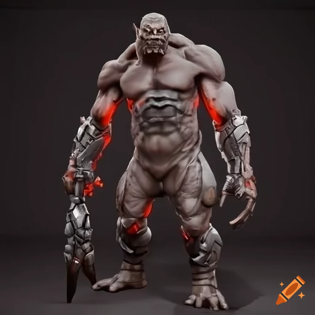 sci-fi golem cyborg warrior with a battle axe