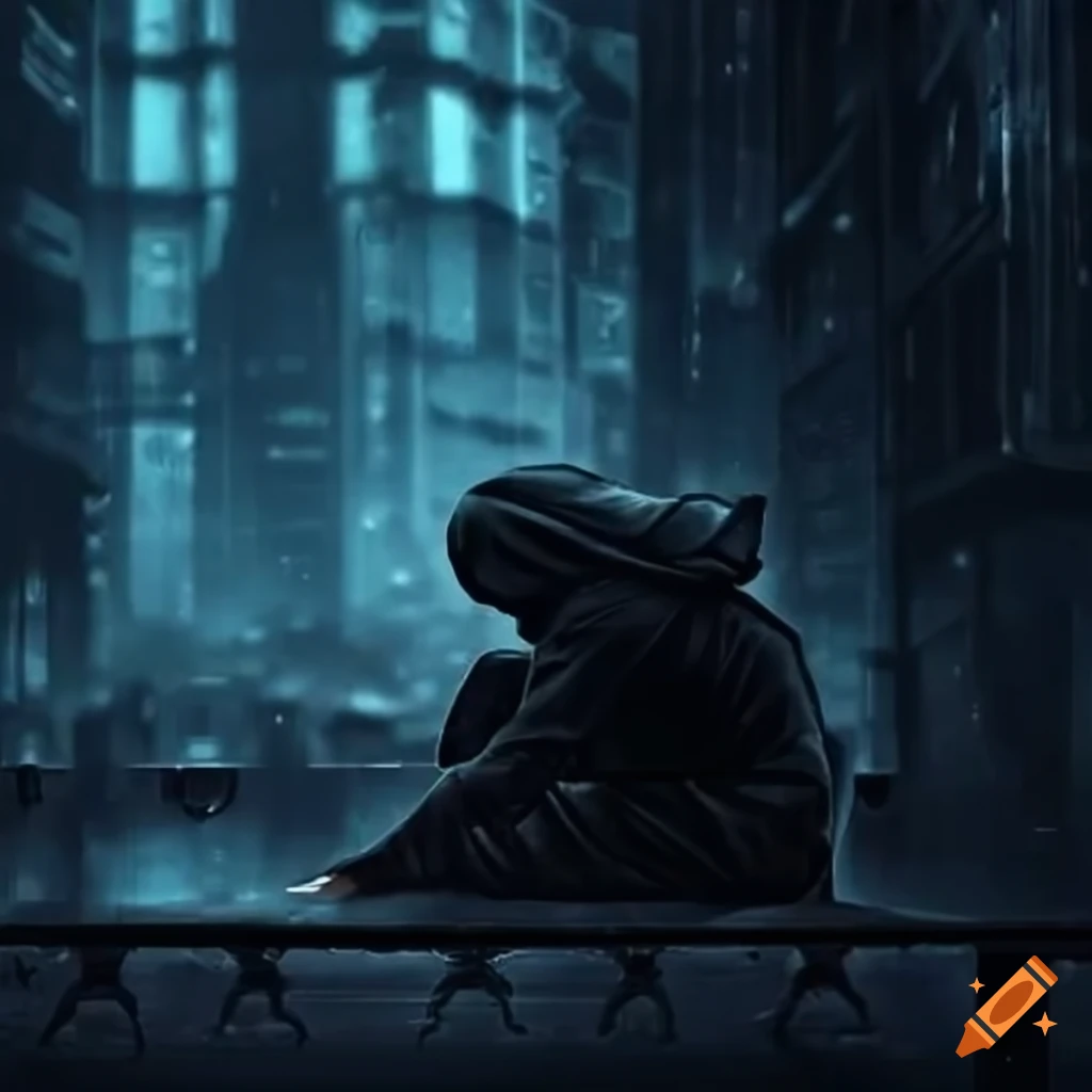 Dark anime guy in a rainy cityscape wearing a black hoodie