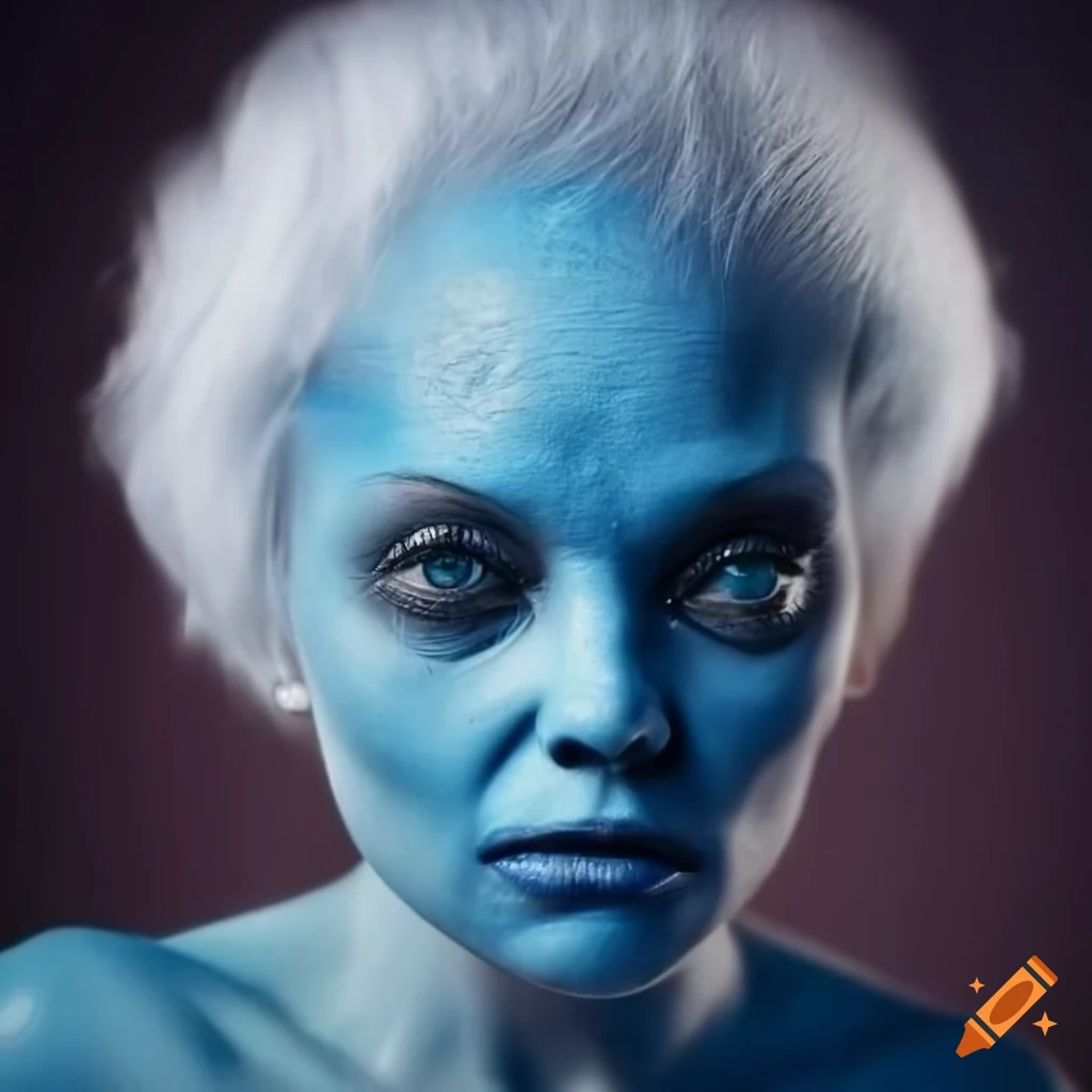 Image Of A Middle Aged Alien Woman With Blue Skin And White Hair On Craiyon 