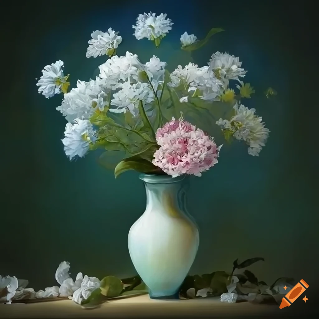 detailed art nouveau style painting of gypsophila and carnations in a vase