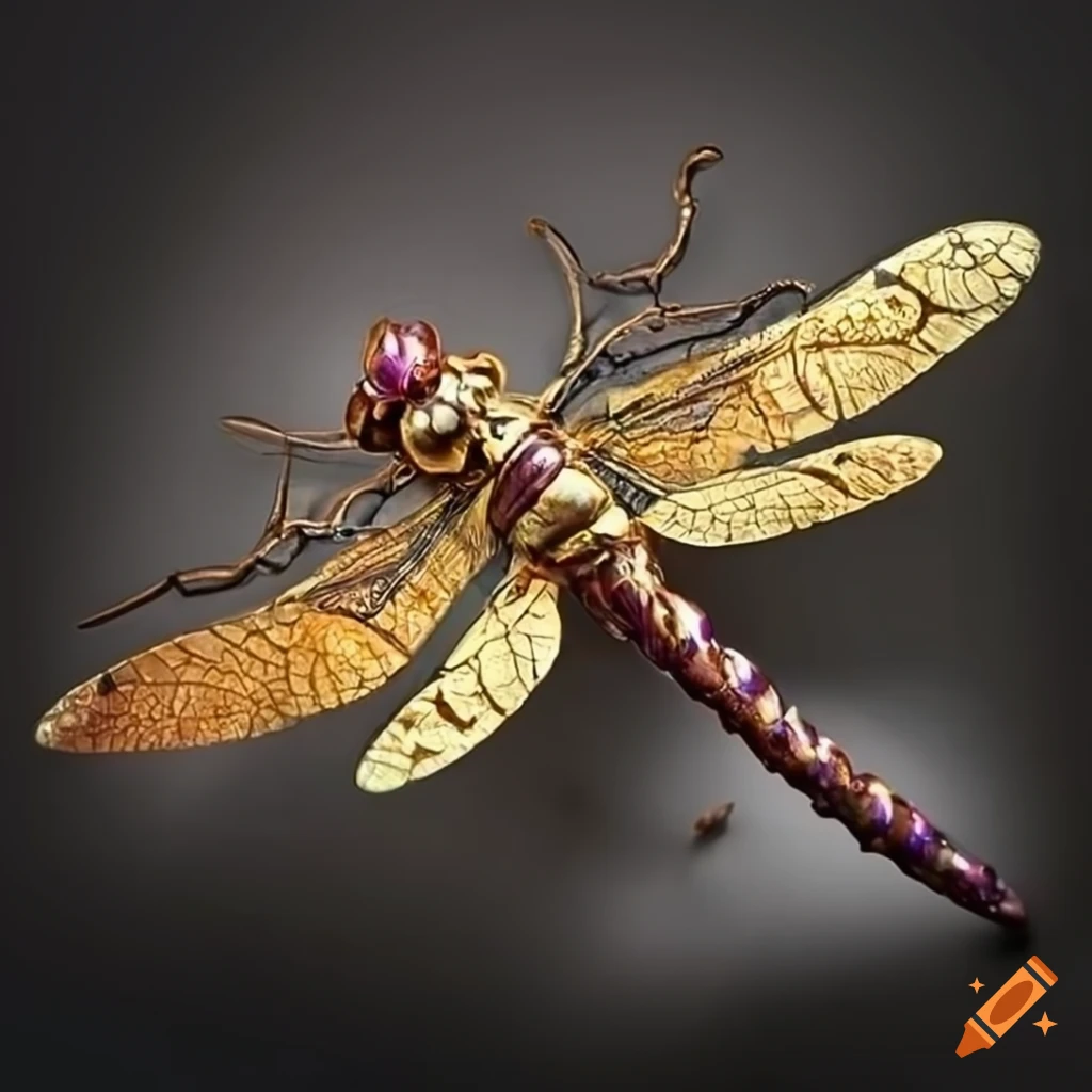 intricately designed golden dragonfly