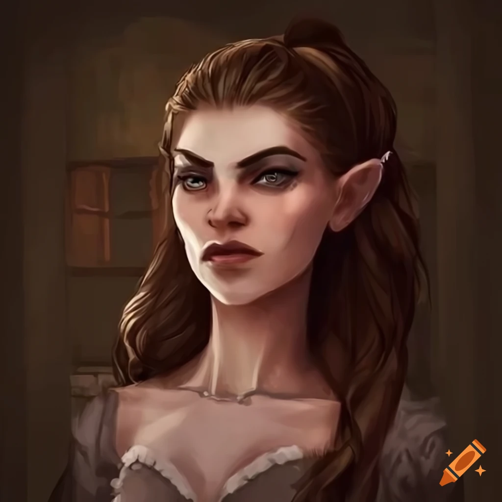 Detailed character art of an old witch with a unique hairstyle