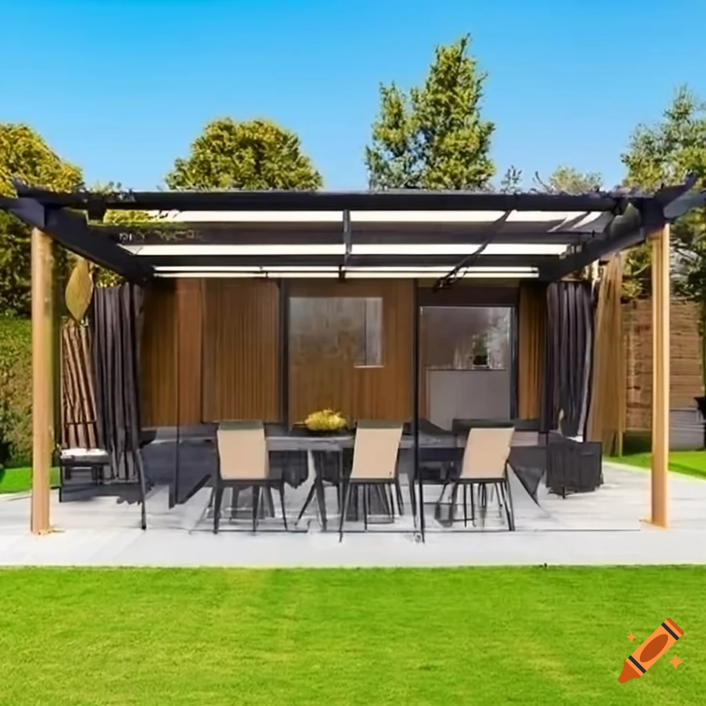 image of an attached pergola with adjustable louvered roof panels