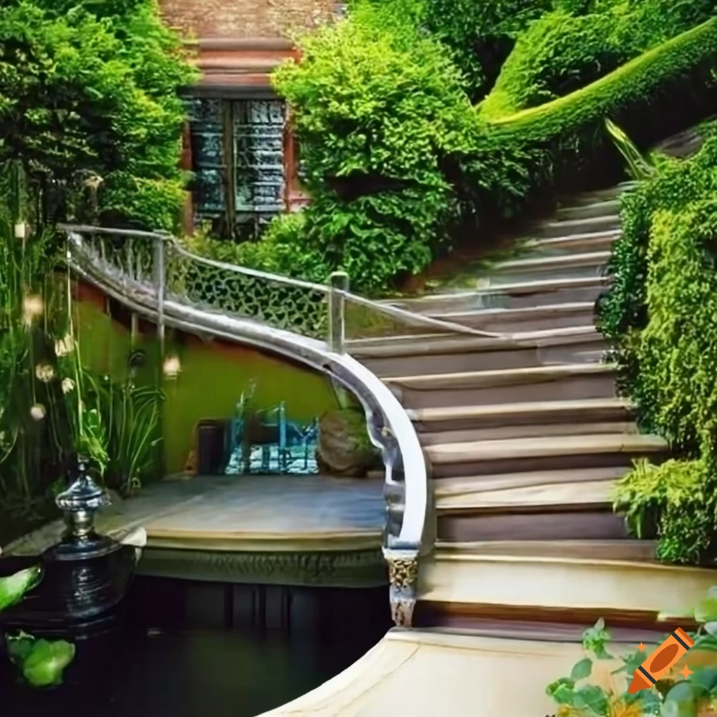 curved silver stairs in a garden leading to a balcony