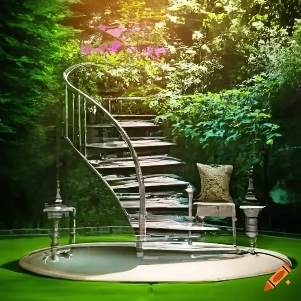silver staircase in a garden leading to a balcony