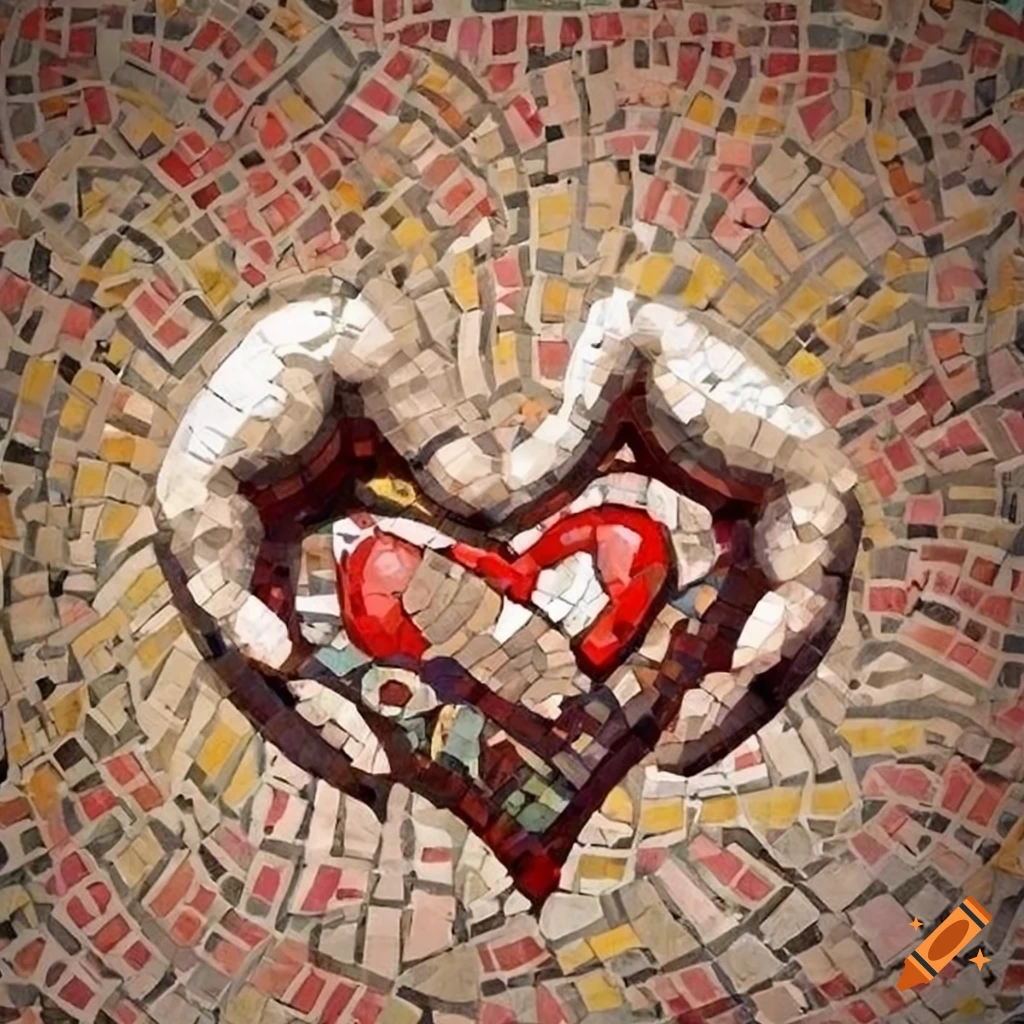 Mosaic art of hands holding a heart