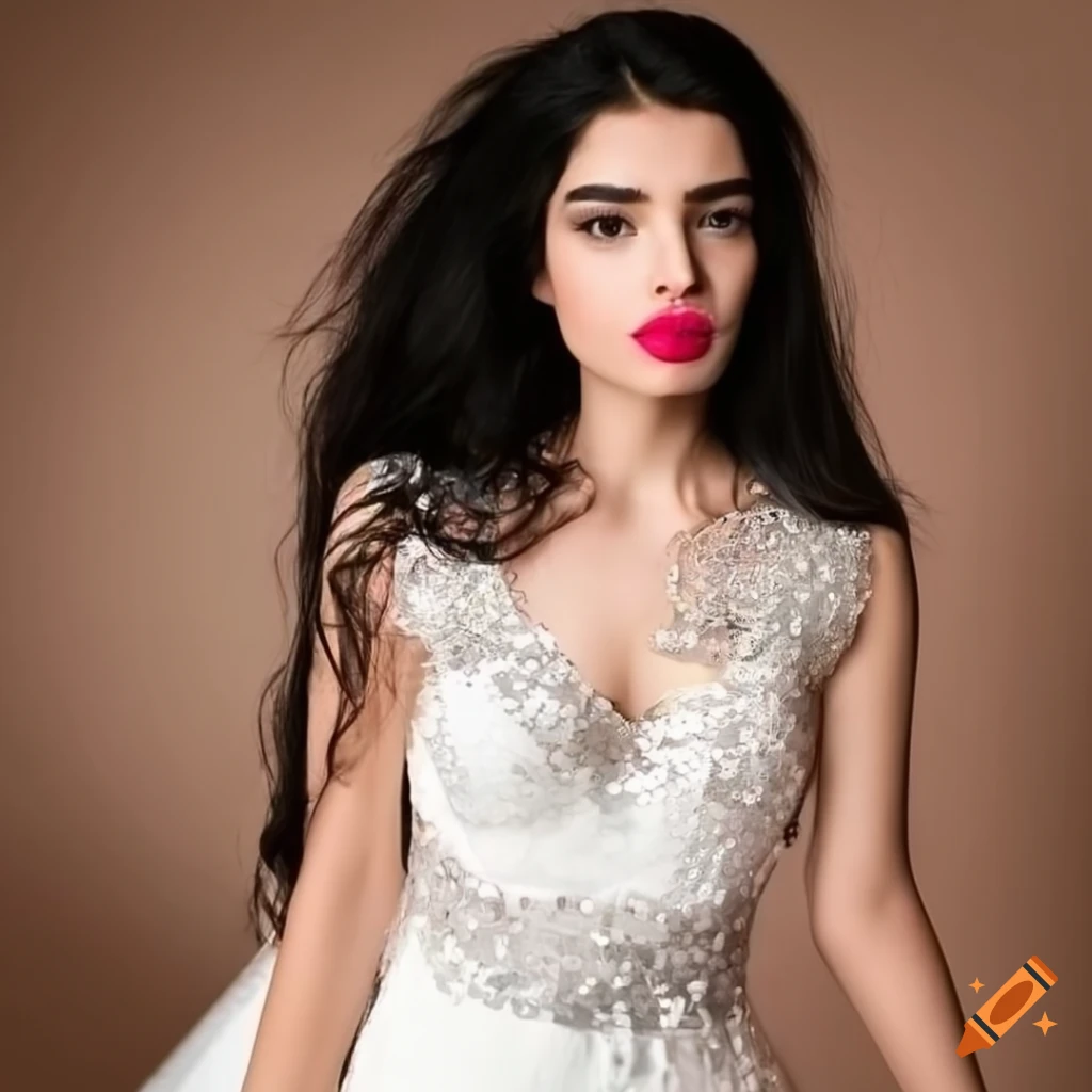 portrait of an Iranian girl in a white dress with sequins and black skirt