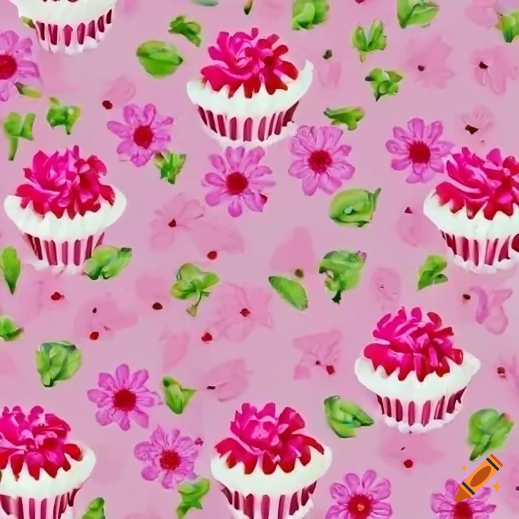 pink and white background with flowers and cupcakes