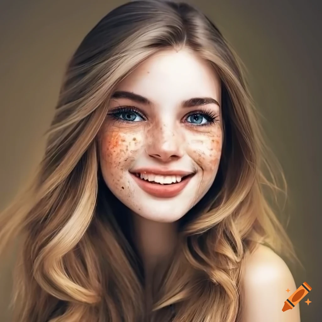 Close Up Portrait Of A Beautiful Young Woman With Freckles And Dark Blonde Hair On Craiyon 