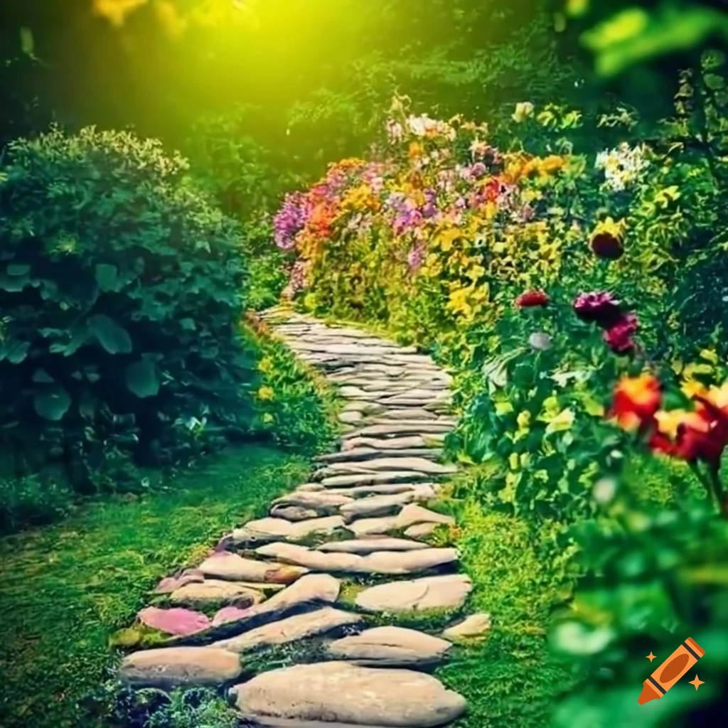 stone pathway through a beautiful flower garden