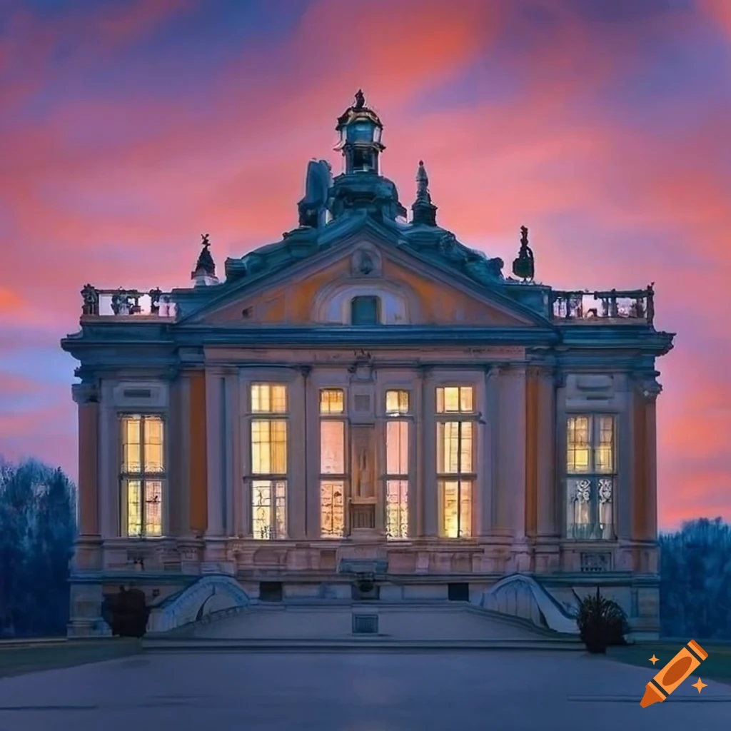 Neoclassical landscape painting with a house and beautiful sky