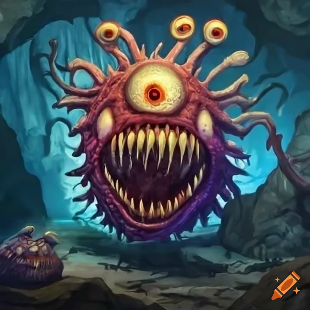 Illustration of beholder monster confronting adventurers in a cave