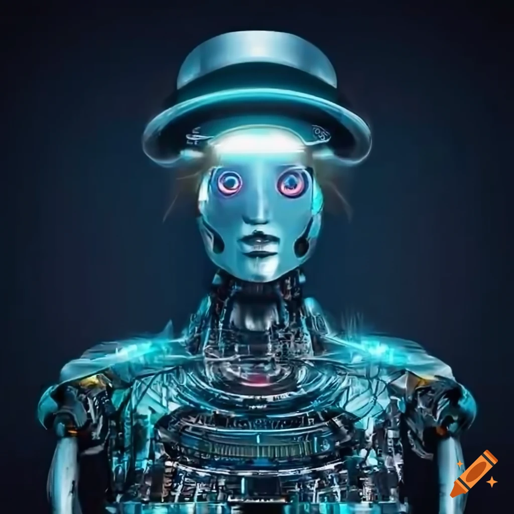 futuristic DJ robot with a metallic sheen wearing a bowler hat