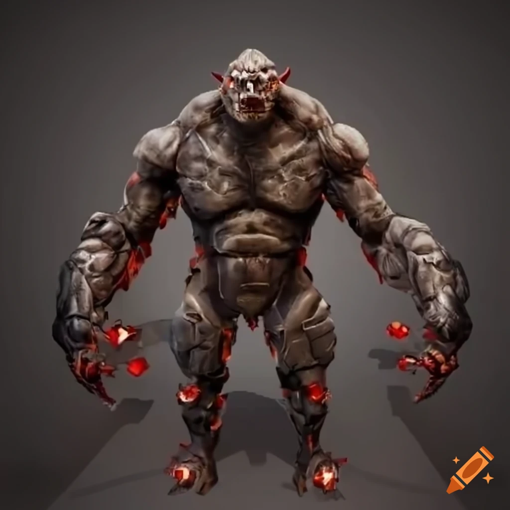 Sci-fi golem character with red glowing crystals