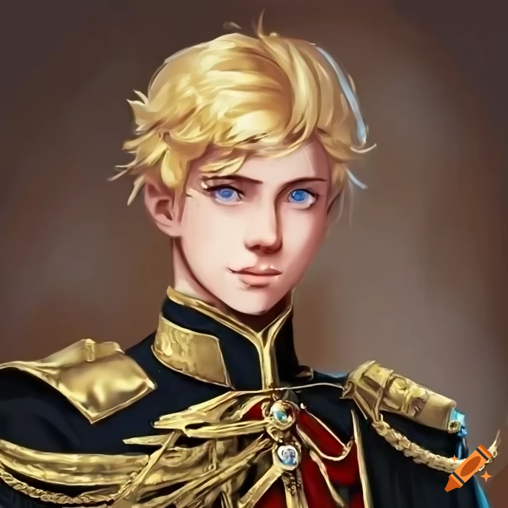 Portrait of a young king with golden hair and periwinkle eyes