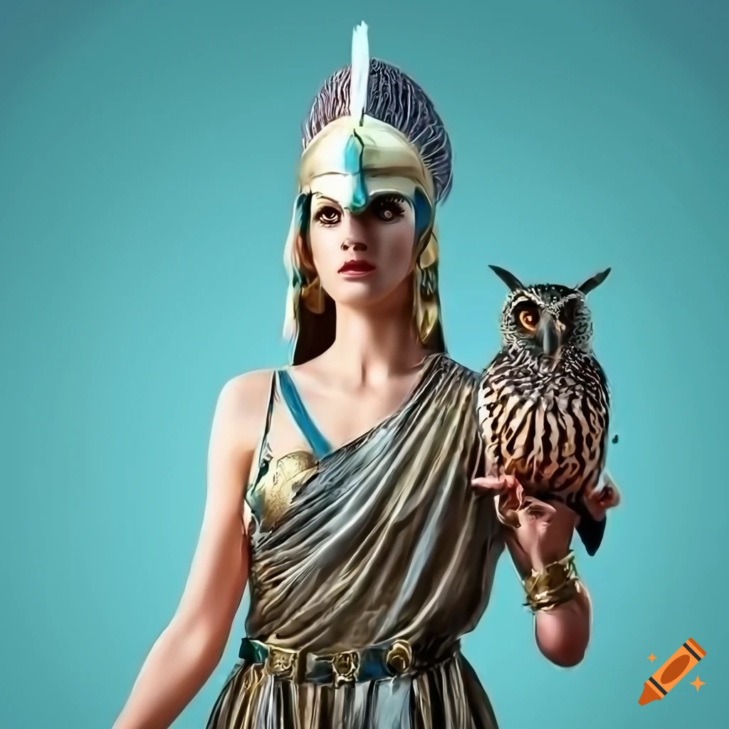 Colorful depiction of the greek goddess athena with helmet and owl on  Craiyon