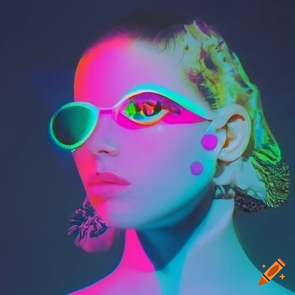 Surreal fashion model with holographic swim goggles