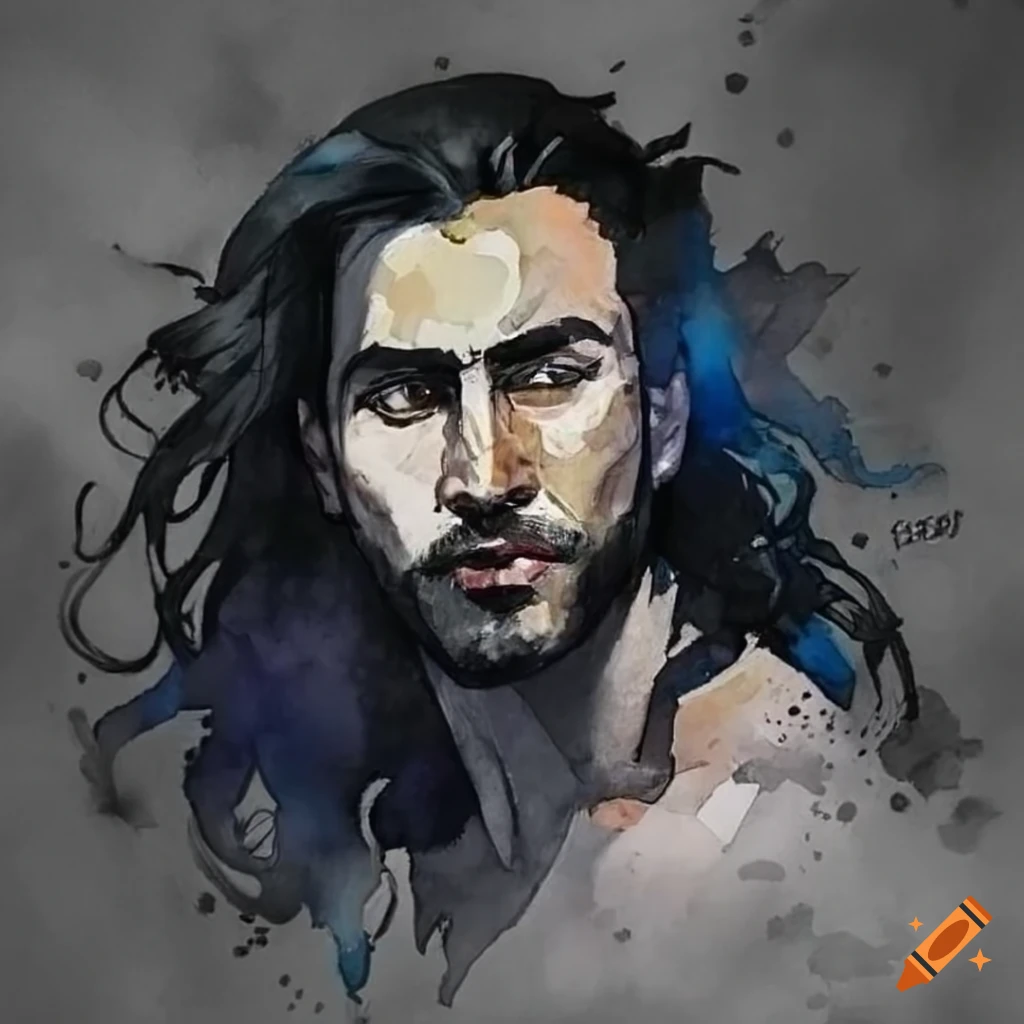 watercolor portrait of a muscular man with long black hair