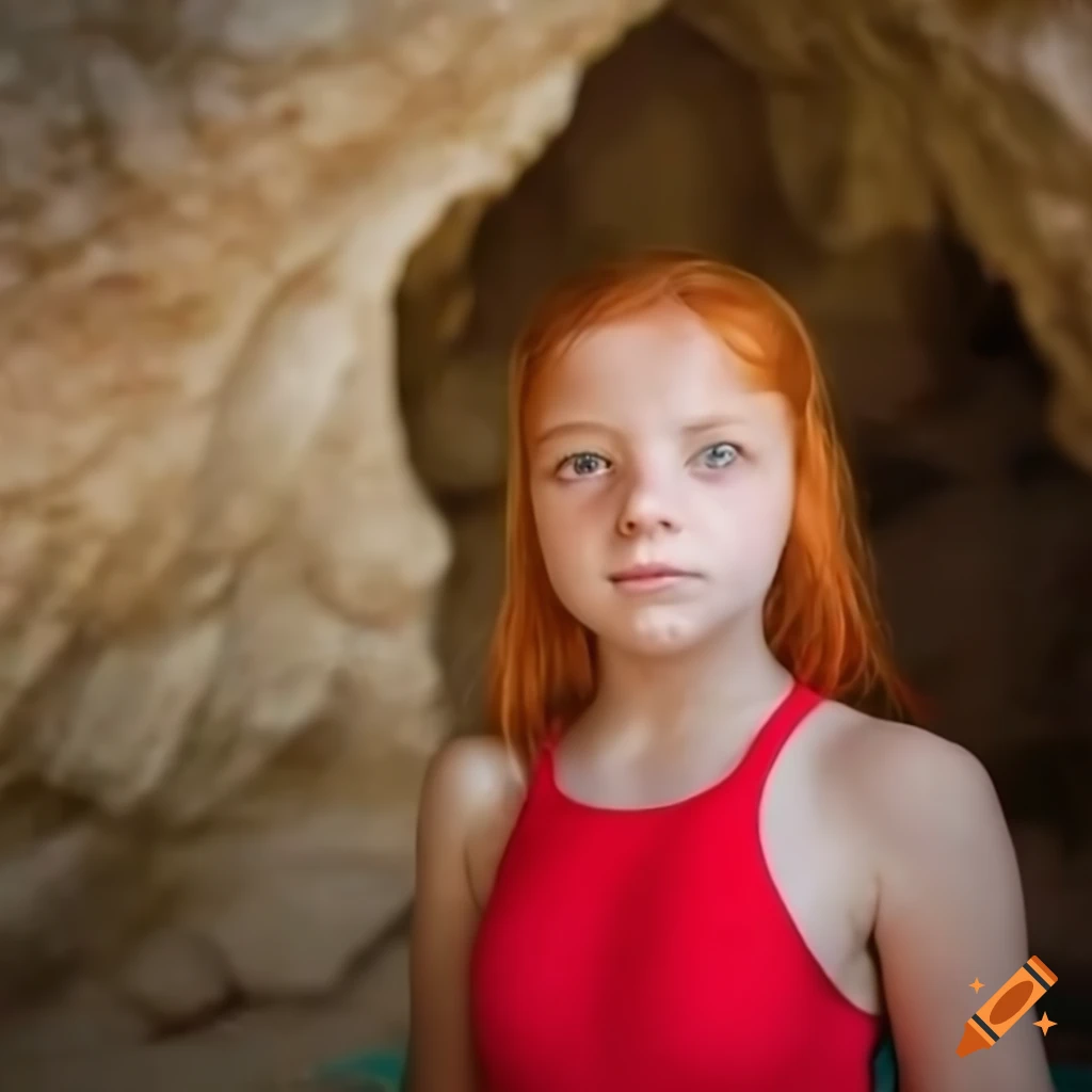 red haired girl standing in a cave