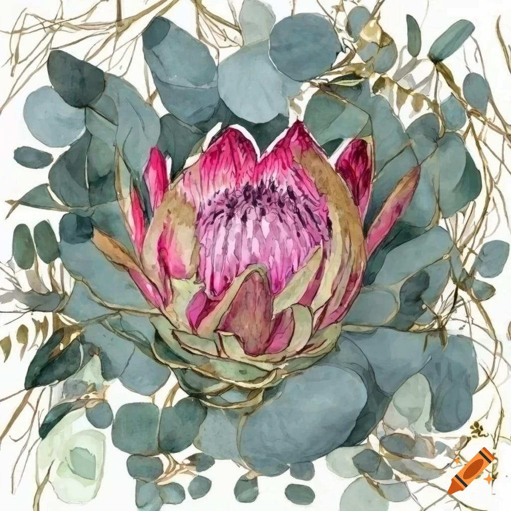 Watercolor Illustration Of Exotic Protea Flower And Eucalyptus watercolor-illustration-of-exotic-protea-flower-and-eucalyptus