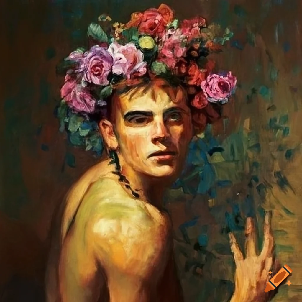  Impressionism portrait of a man with a frog and flower crown