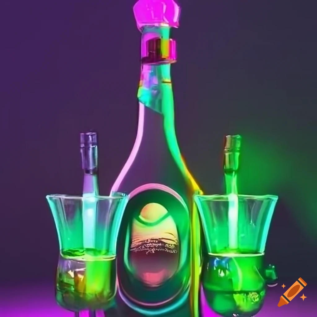 Cyberpunk absinthe bottle and glasses under fuchsia neonlight on Craiyon