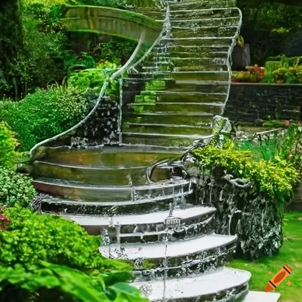 curved silver stairs leading to a balcony in a garden