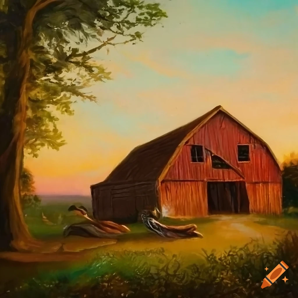 Sunset farm painting with ducks on Craiyon