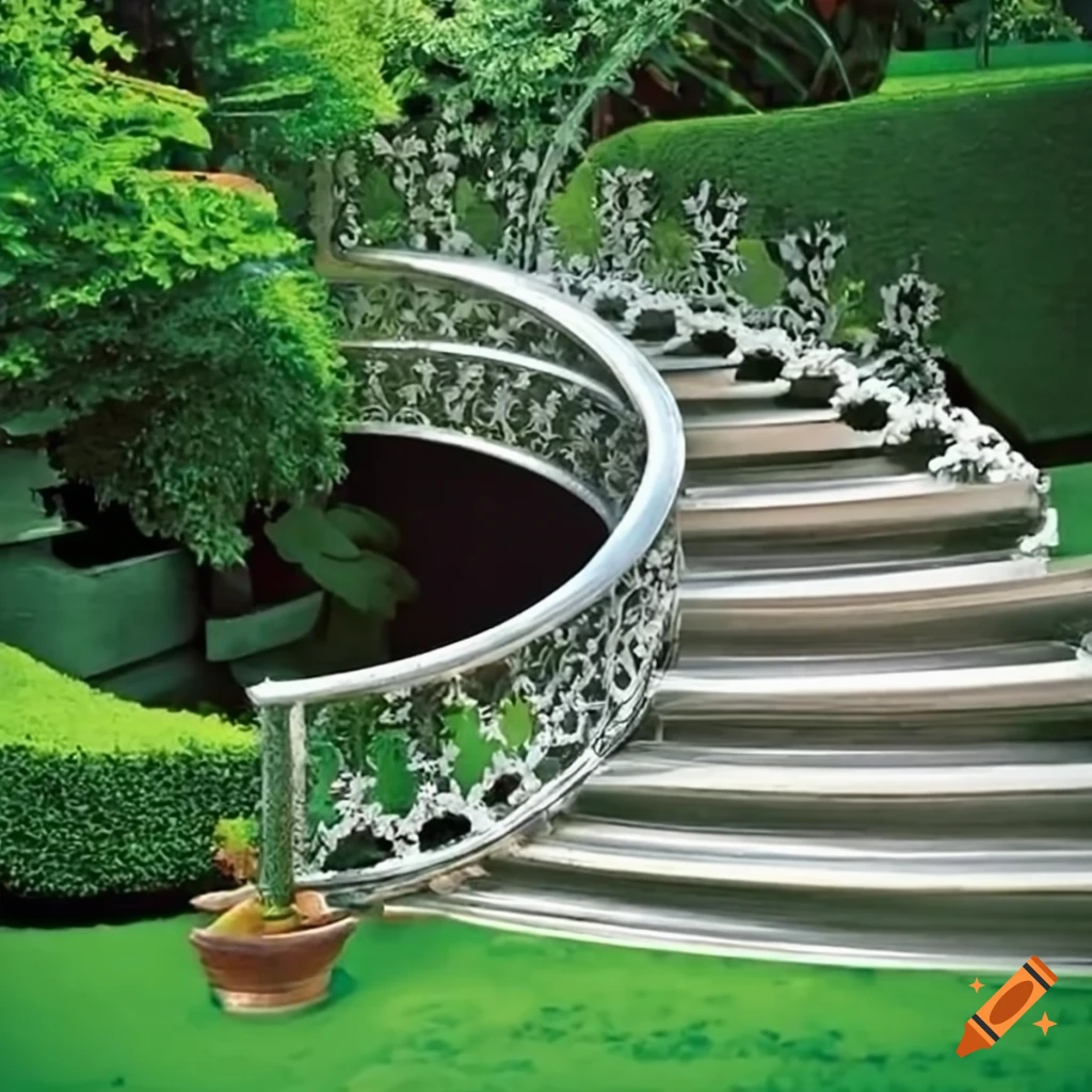 curved silver stairs in a garden leading to a balcony