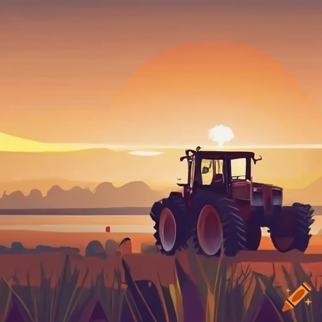 sunset view of a tractor on a farm