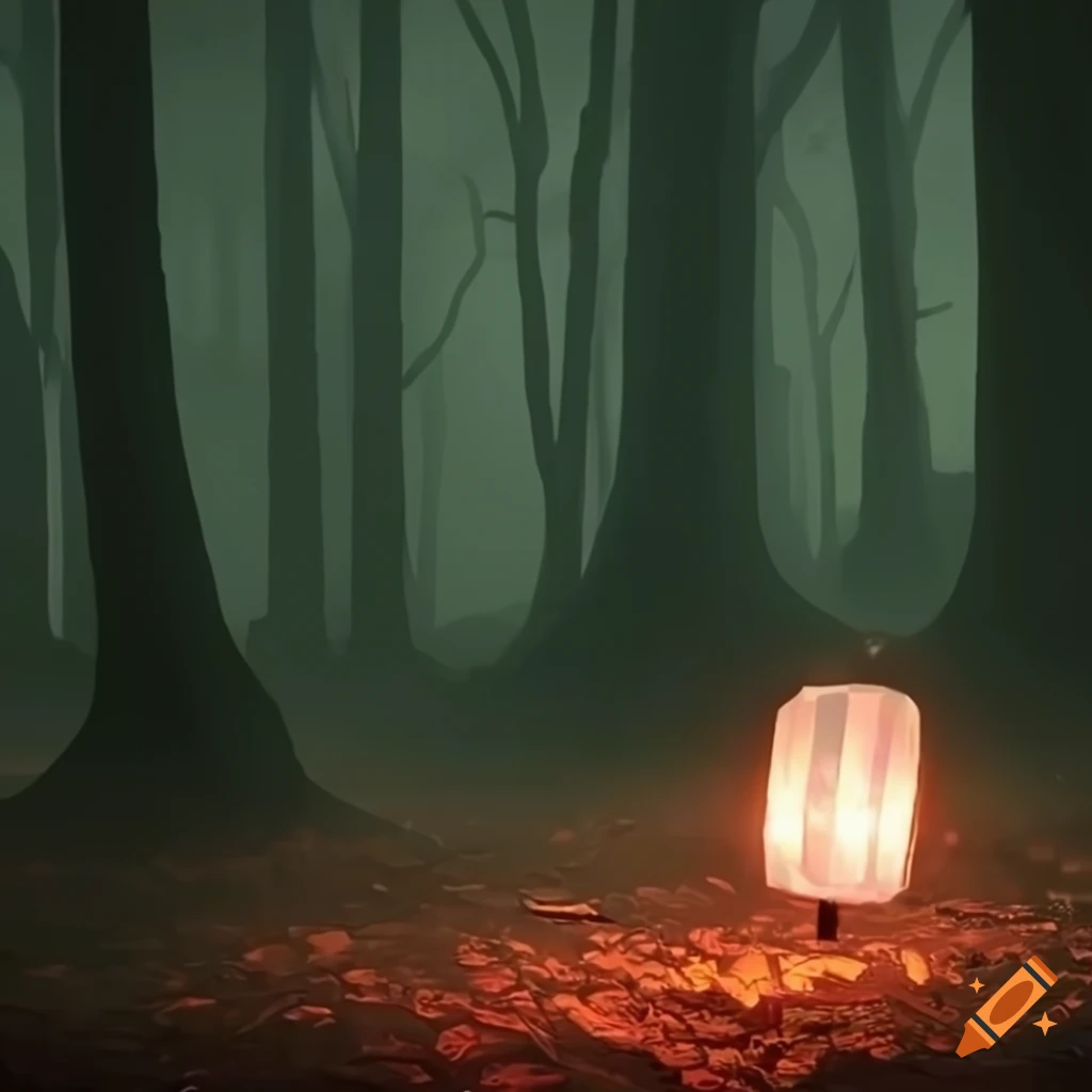 creepy forest with a glowing lantern