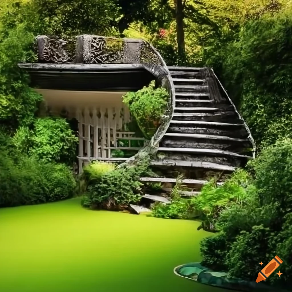 silver curved stairs leading to a balcony in a garden