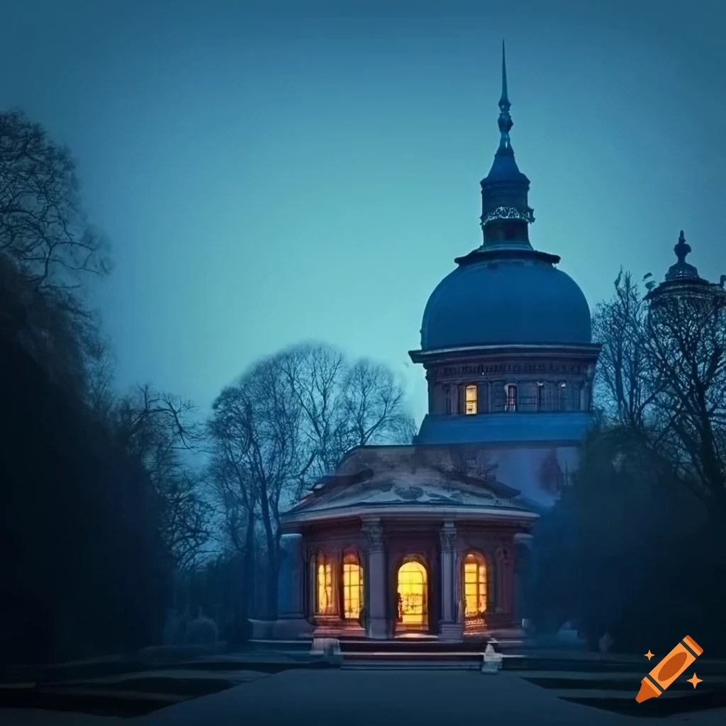 Neoclassical landscape painting with stairs leading to a small house on