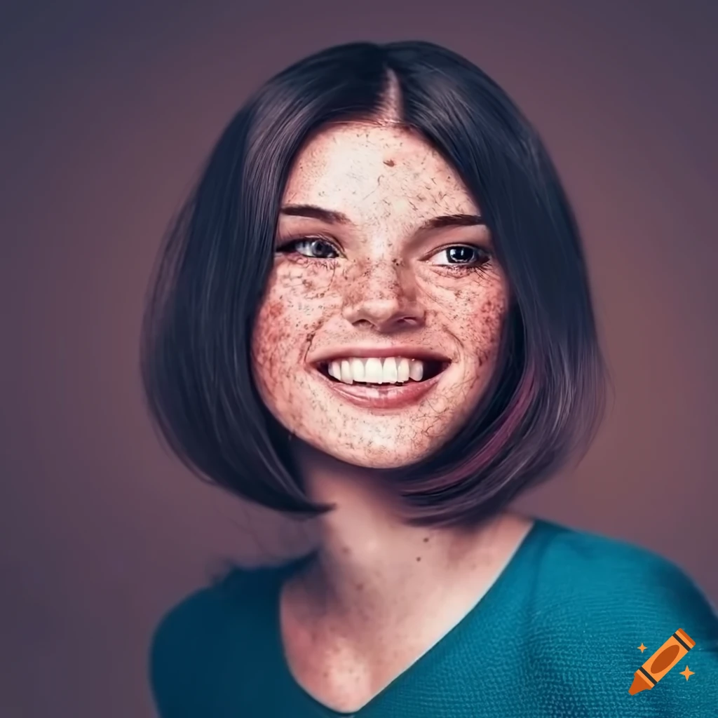 Portrait of a beautiful young woman with freckles and bobbed dark hair ...